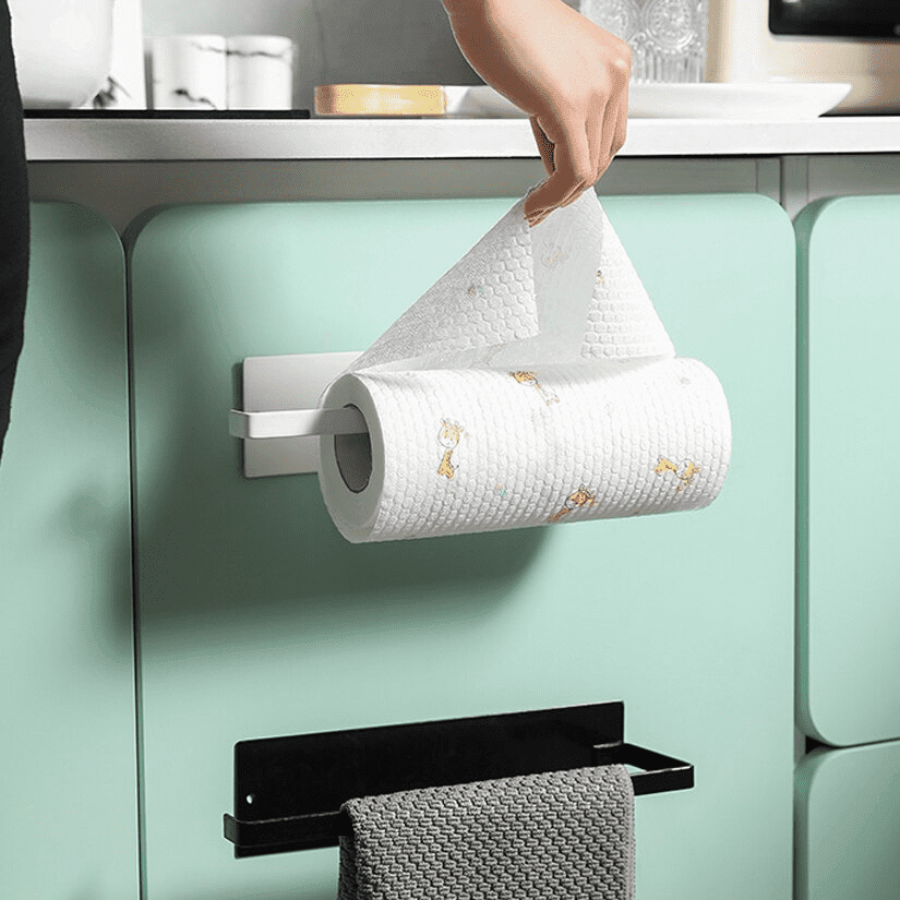 Portarrollos de papel multiusos para cocina y baño, práctico y fácil de instalar.