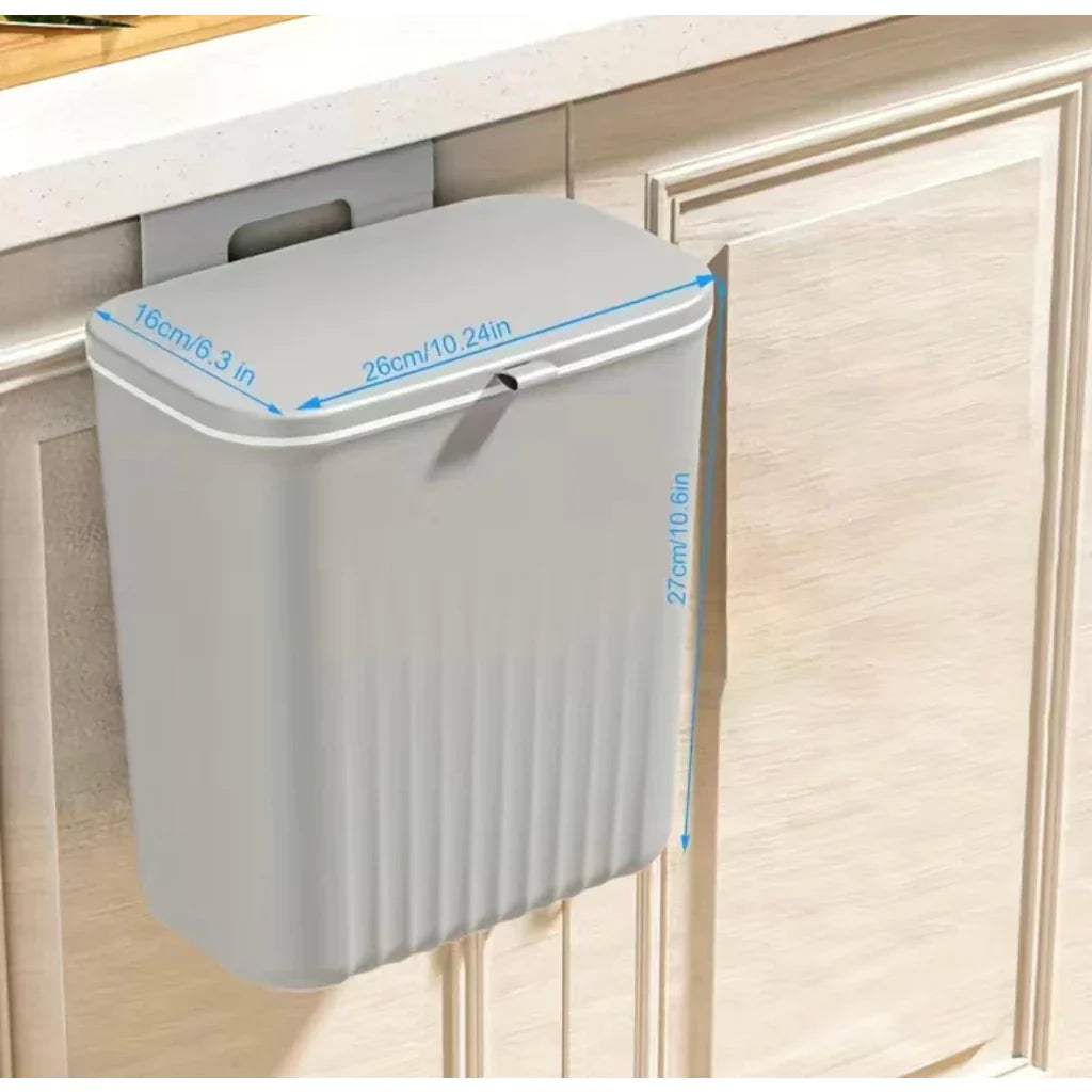 Cubo de basura colgante de 9 litros con tapa y soporte: ideal para cocina y baño. 
