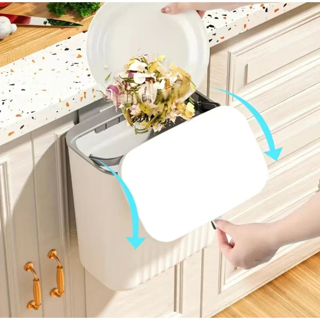 Cubo de basura colgante de 9 litros con tapa y soporte: ideal para cocina y baño. 