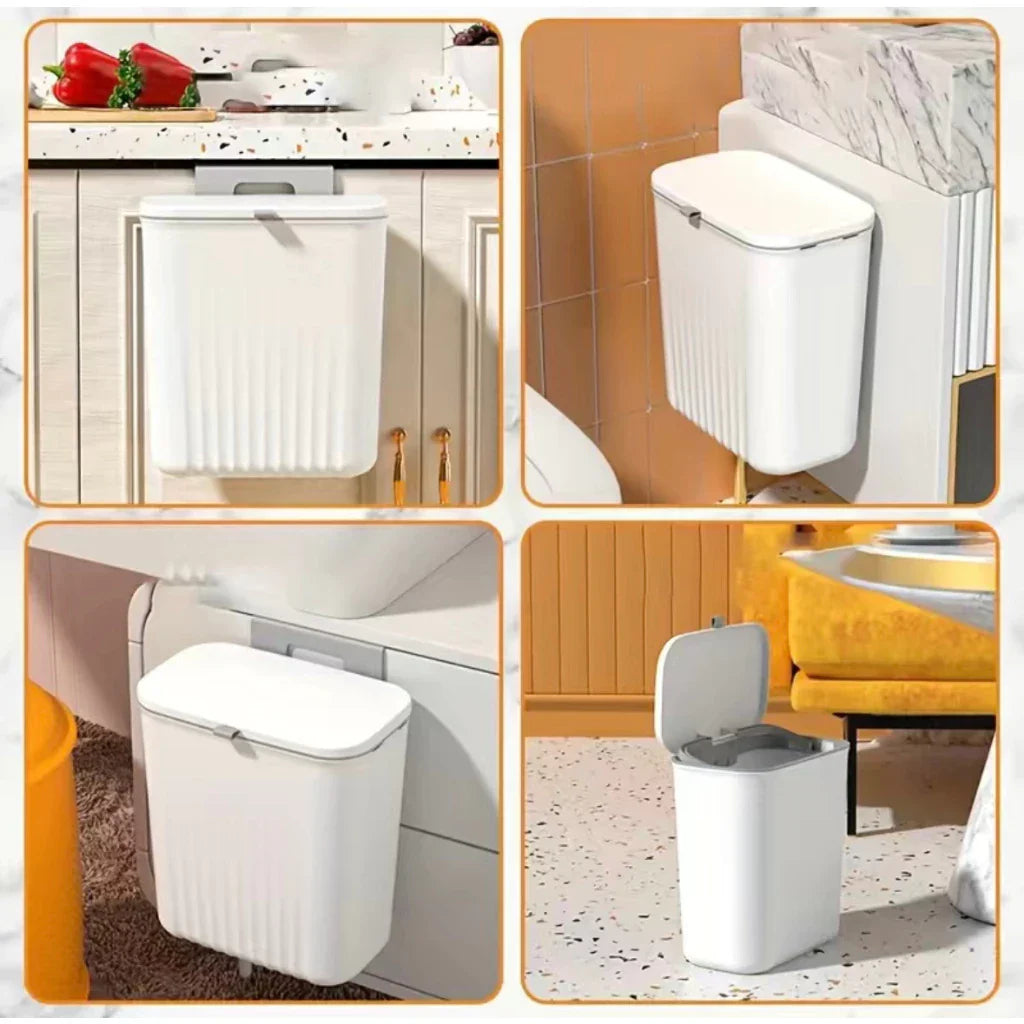 Cubo de basura colgante de 9 litros con tapa y soporte: ideal para cocina y baño. 