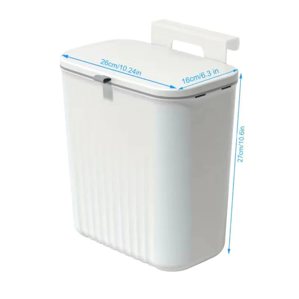 Cubo de basura colgante de 9 litros con tapa y soporte: ideal para cocina y baño. 