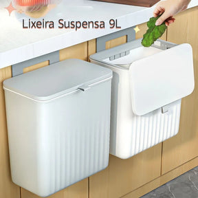 Cubo de basura colgante de 9 litros con tapa y soporte: ideal para cocina y baño. 
